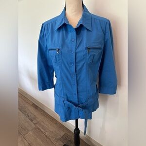 Tag  studio Blue button front shirt belted pockets SZ XL stretch material